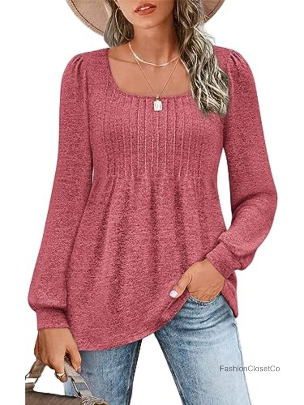 Women's Puff Long Sleeve Tunic Loose Fit Pleated Scoop Neck Blouse